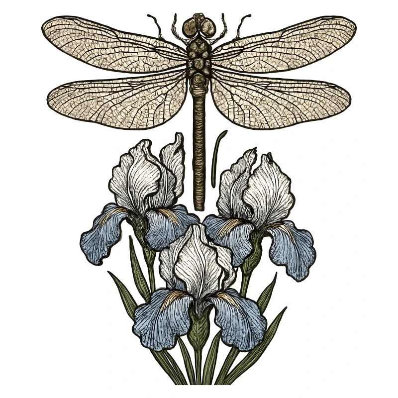 Libellule sur fleurs d’iris