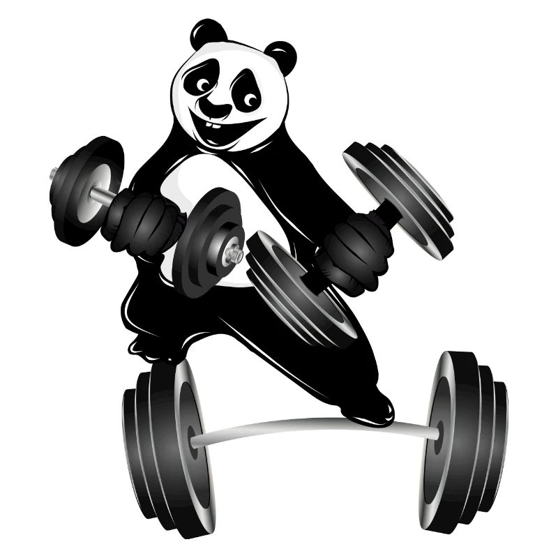 Bodybuilder panda bear with dumbbells while exercising