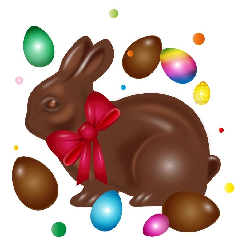 Chocolate Easter bunny with colorful Easter eggs