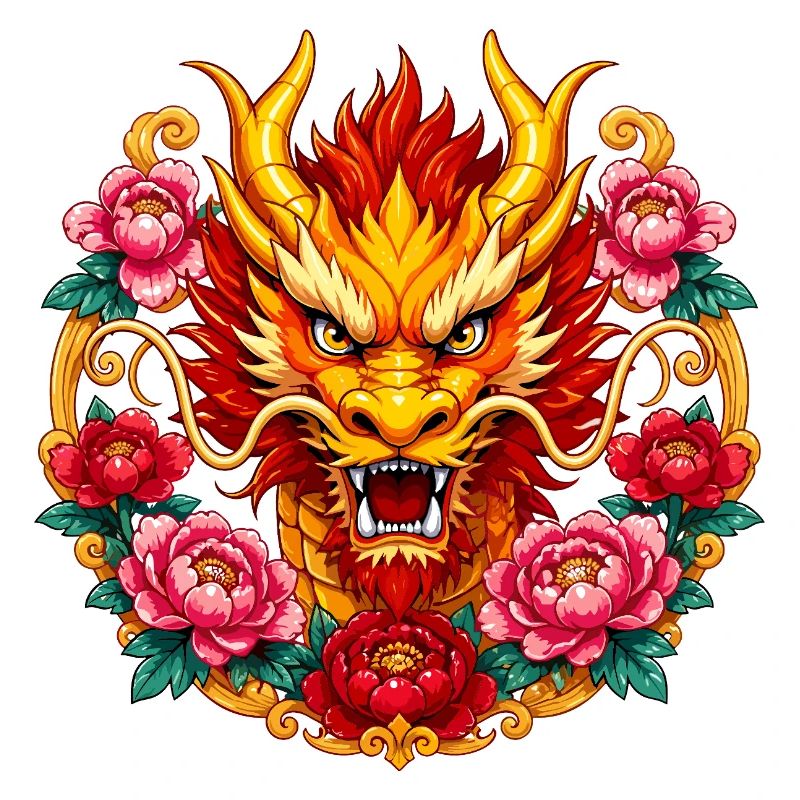 Dragon head in a fire floral frame