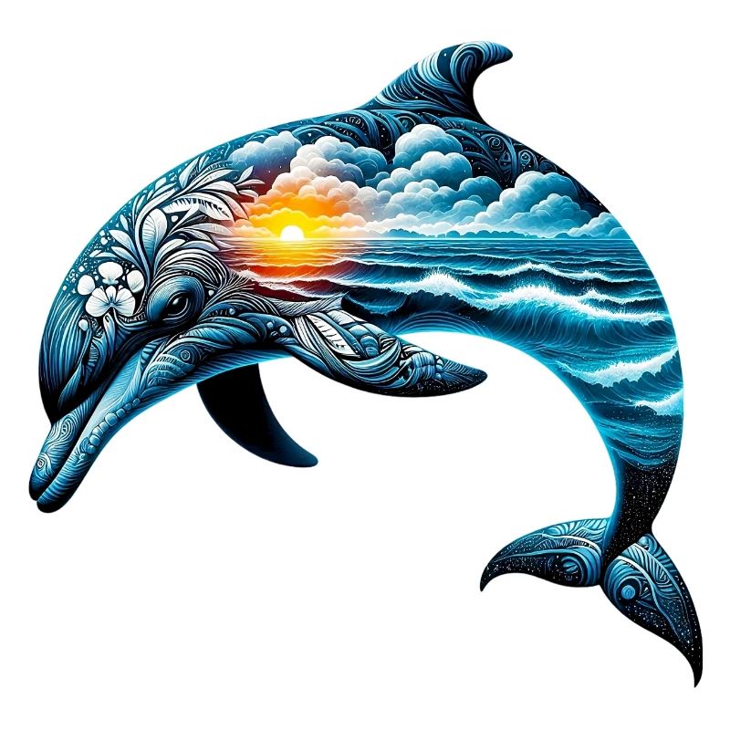 Decorated dolphin painted with a seascape