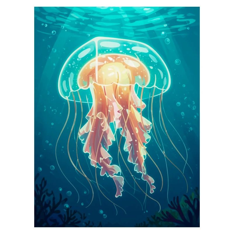 Comic style box jellyfish, transparent cube-shaped