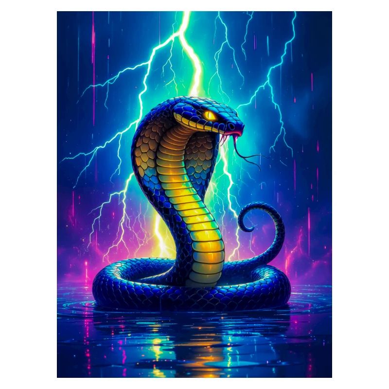 A cobra rises through electric lightning in glowin