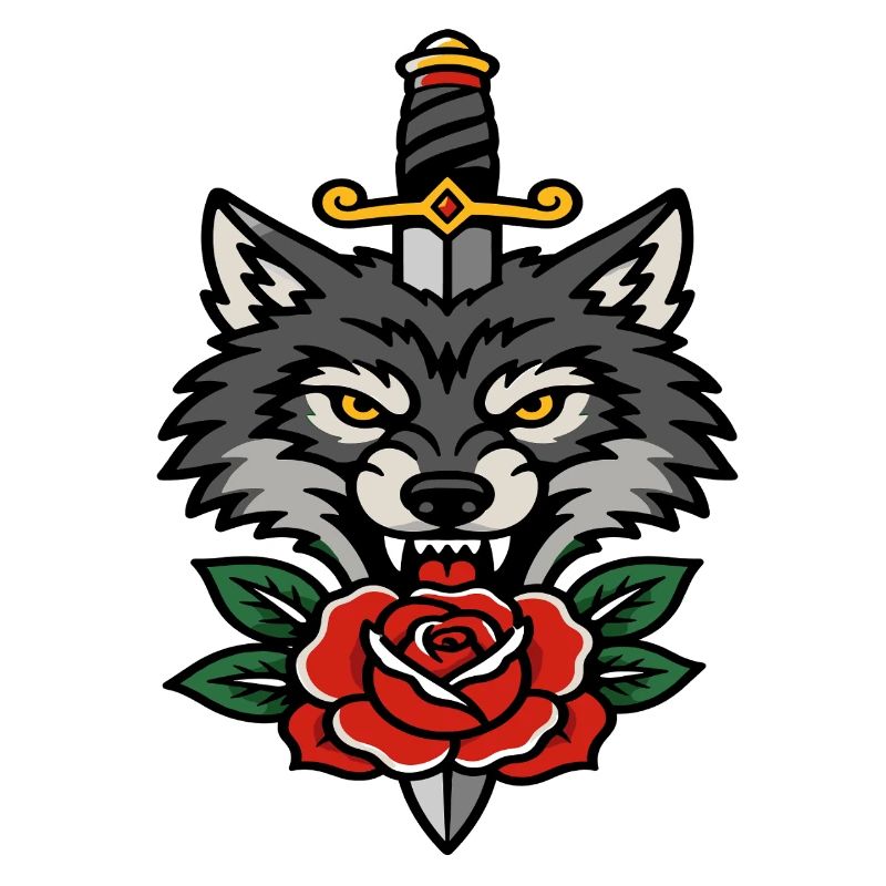 Fierce wolf dagger and pink style tattoo