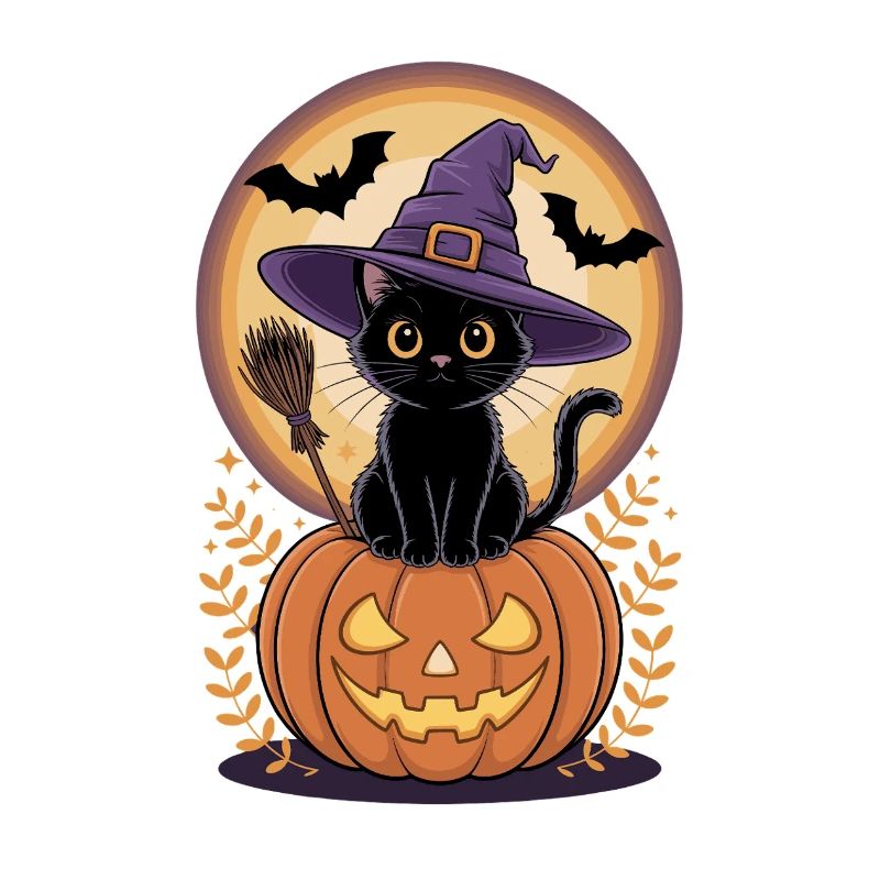 Witch cat with pumpkin view