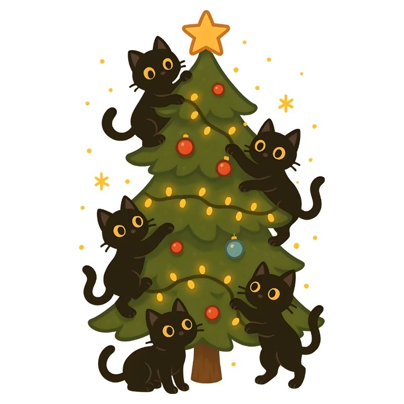 Cats Decorating Christmas Tree Fun Design