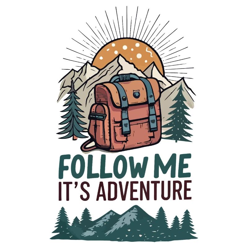 Backpack and mountains with adventure slogan