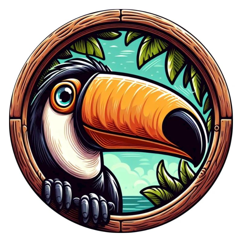 Cartoon toucan looking through round window