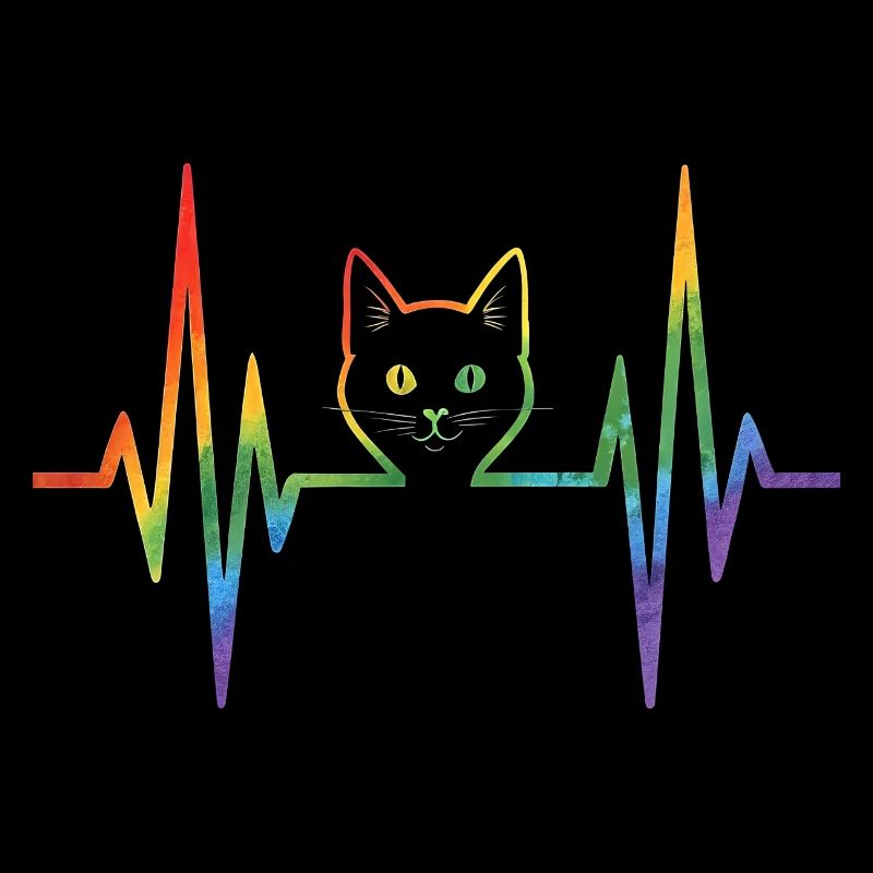 Rainbow cat with pulse heart line