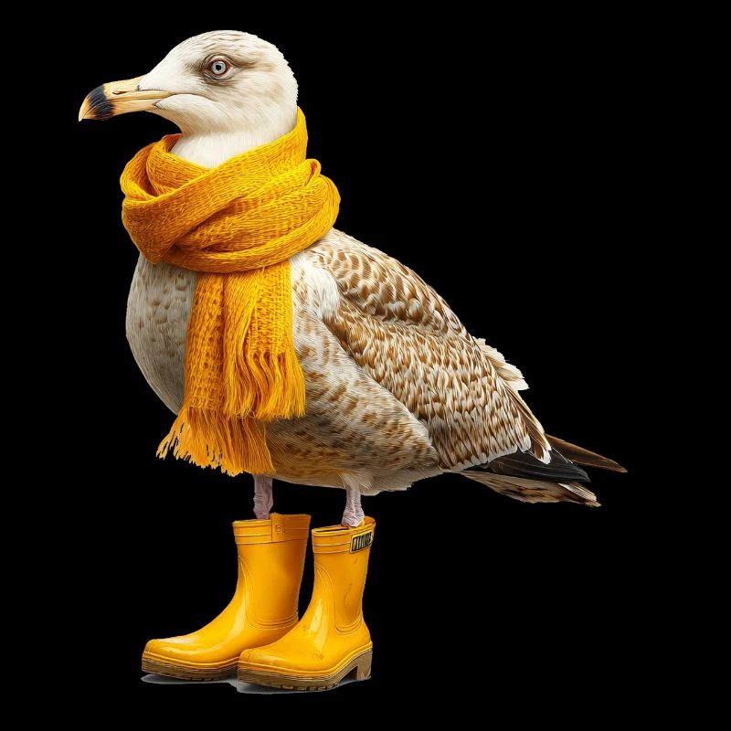 Albatros avec bottes en caoutchouc et écharpe