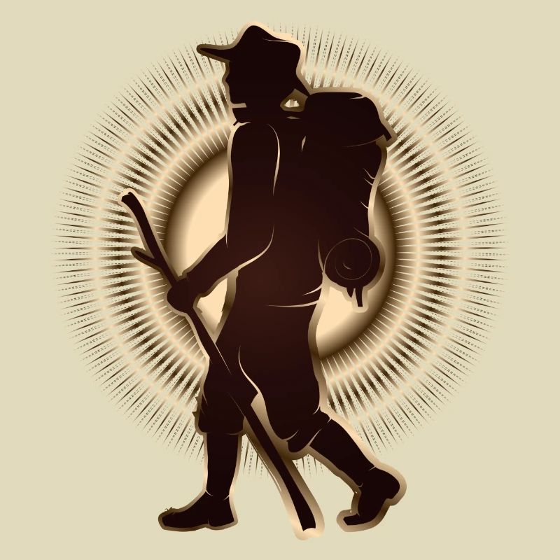 Pilger oder Wanderer mit Wanderstab & Rucksack