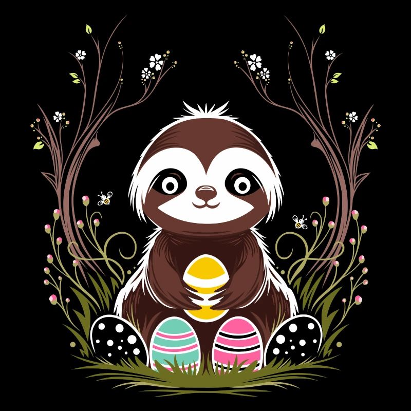 Easter Sloth with Easter Eggs in Spring