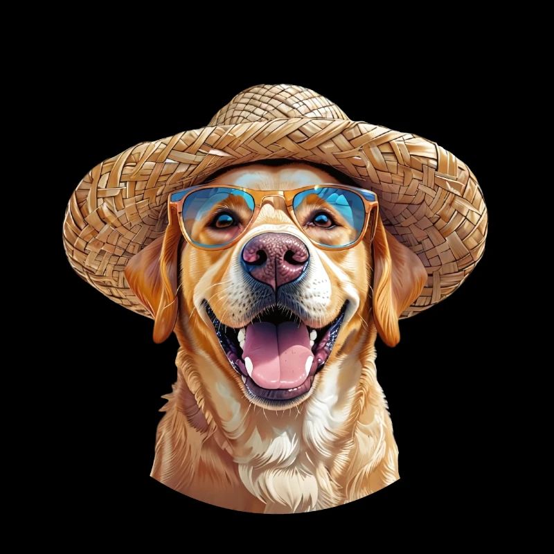 Labrador with straw hat and sunglasses