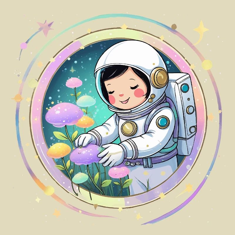 Fille astronaute avec des champignons - Conception spatiale mignonne