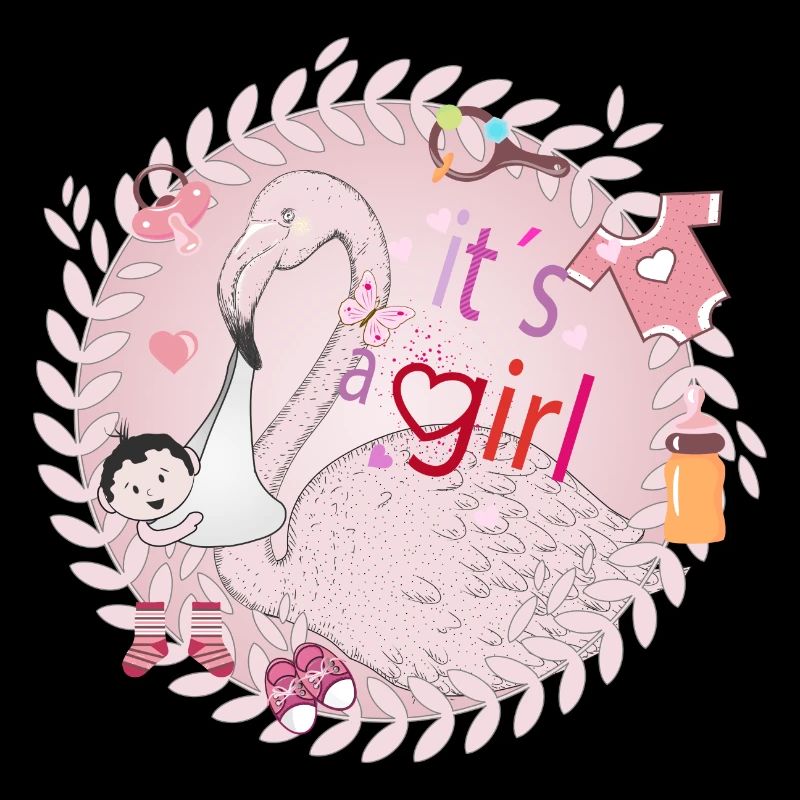 Flamant rose avec bébé et ustensiles pour bébés en rose