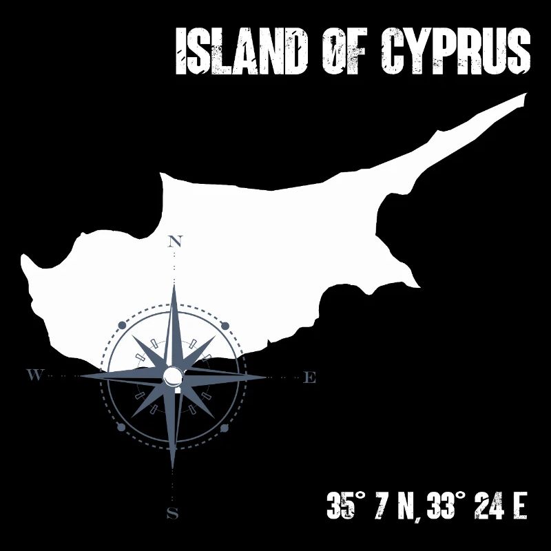 Cyprus island outline with compass and coordinates