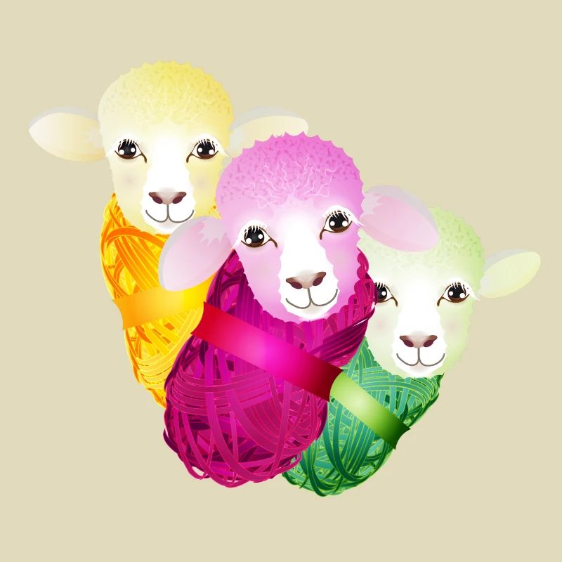 three colourful sheep with colour-coordinated wool