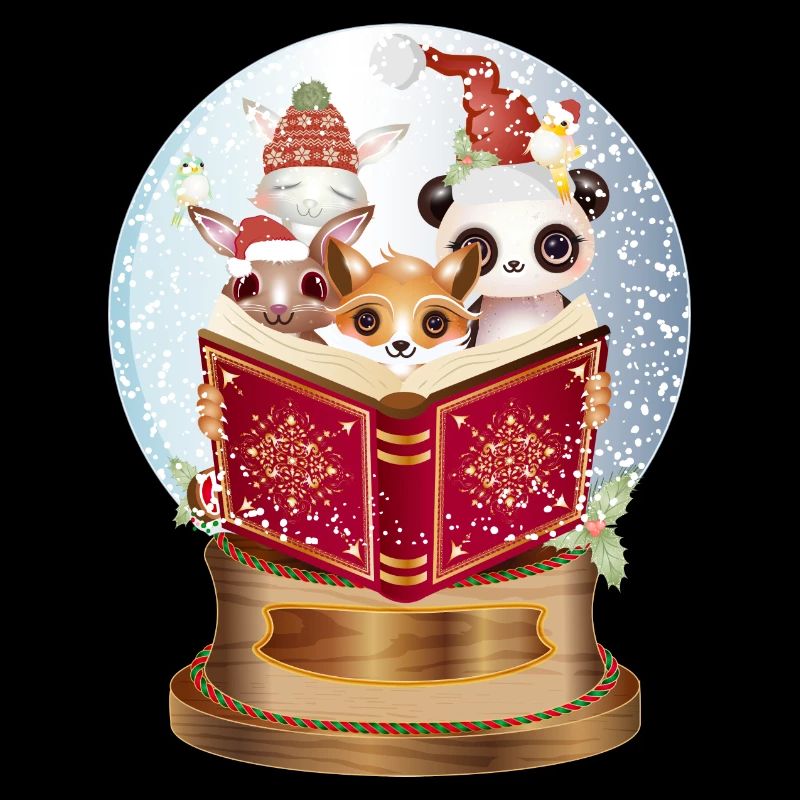 Animals reading in a snow globe at Christmas
