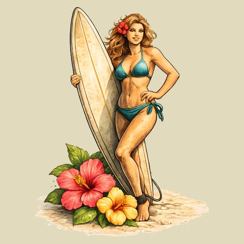 Surfeur avec planche et fleurs d’hibiscus