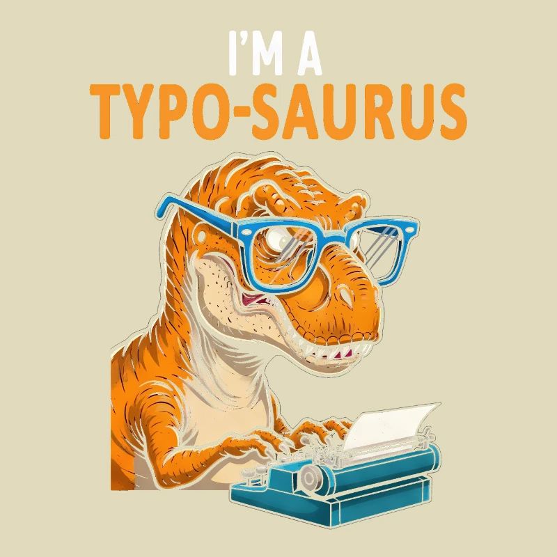 Typo-Saurus with glasses and typewriter