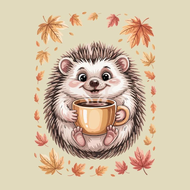 Autumnal hedgehog with coffee mug