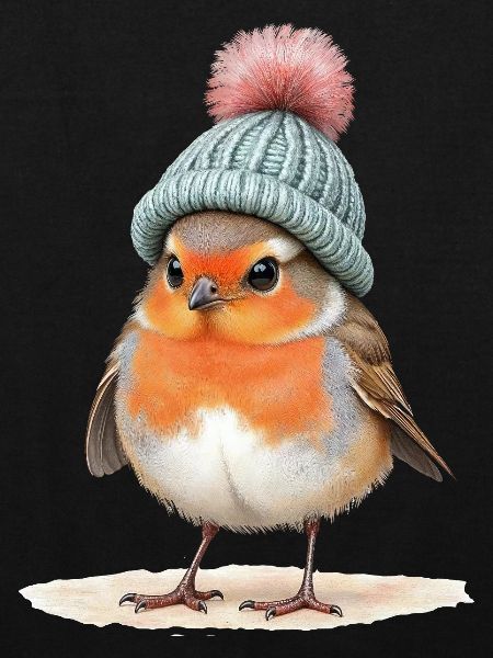 Robin in Strick-Wintermütze