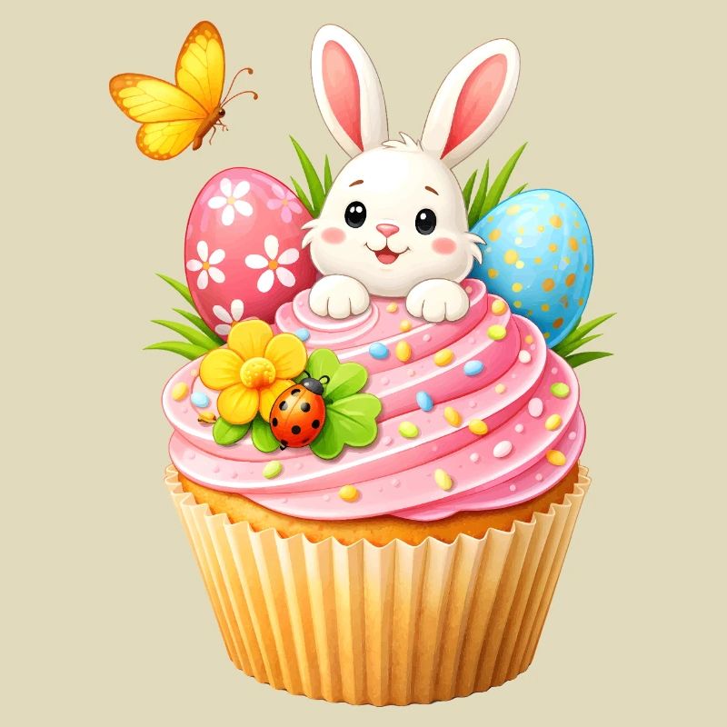 Cute Easter Bunny Cupcake with Colorful Easter Eggs