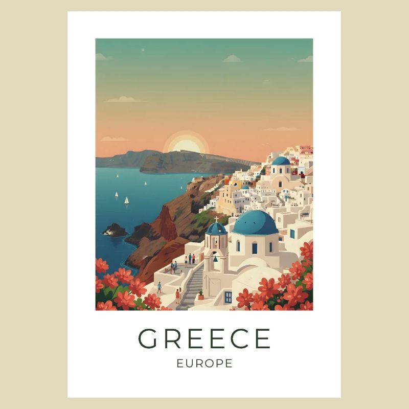 Vue côtière du coucher de soleil de Santorin