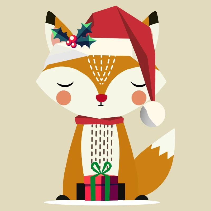 cute fox with santa hat and gift