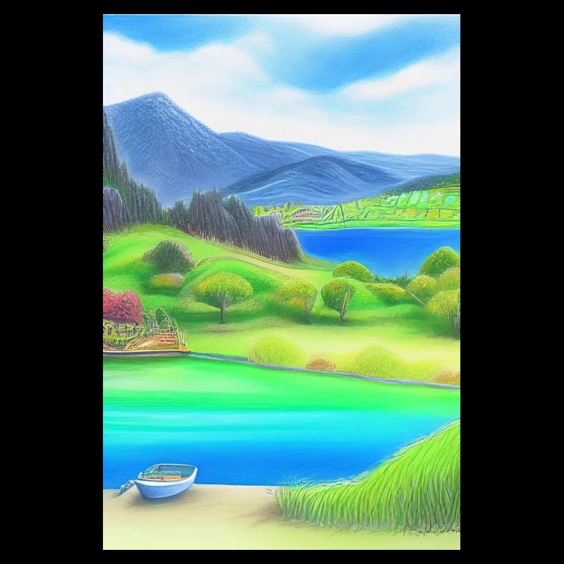 Landschaft mit See, Boot und Berge