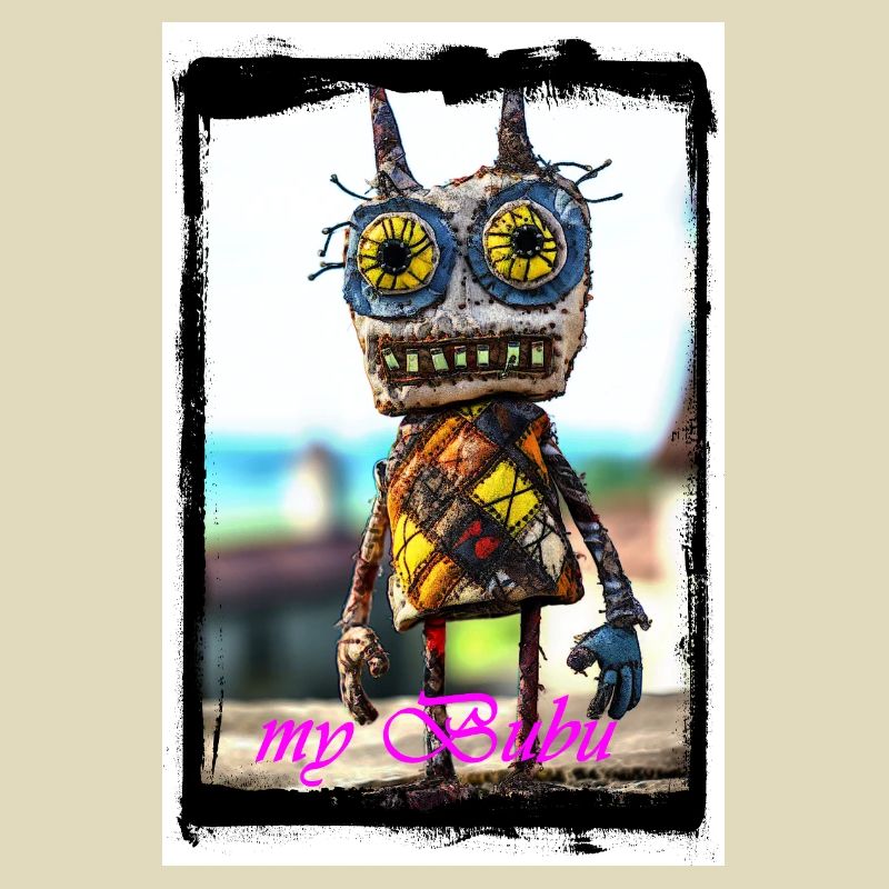 Colorful rag doll with a curious face