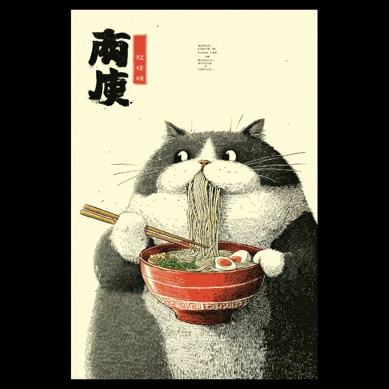 Moonlit Cat Slurping Ramen