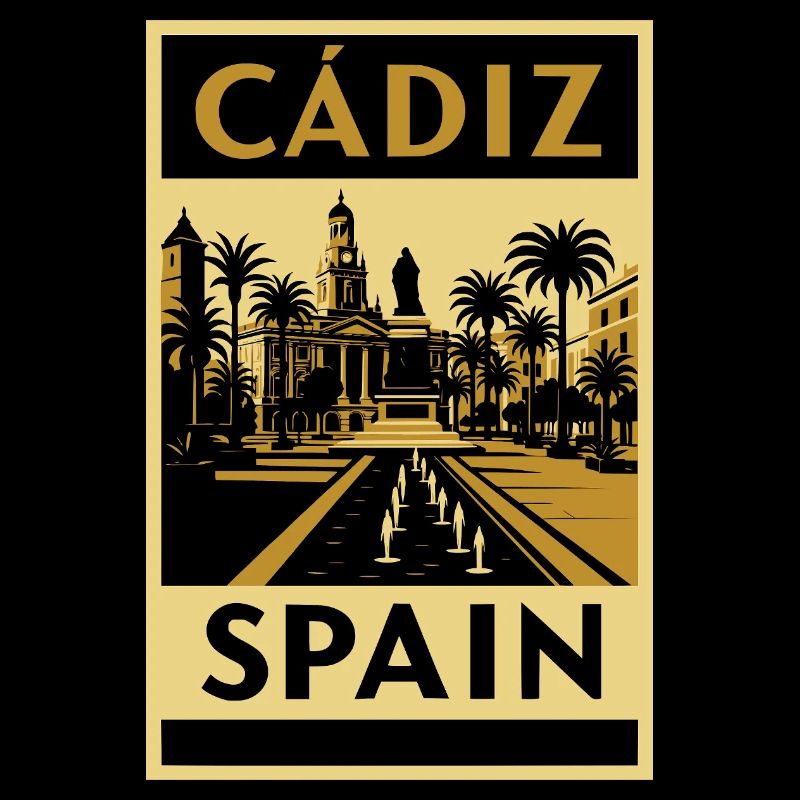 Cadix, Espagne – Affiche de voyage rétro en noir et or