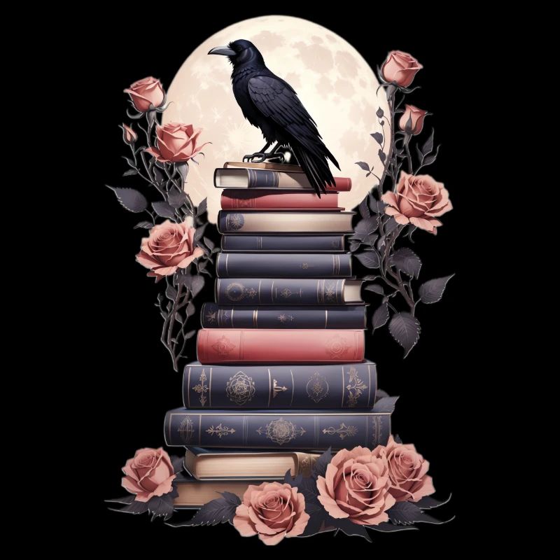Stack of books with raven