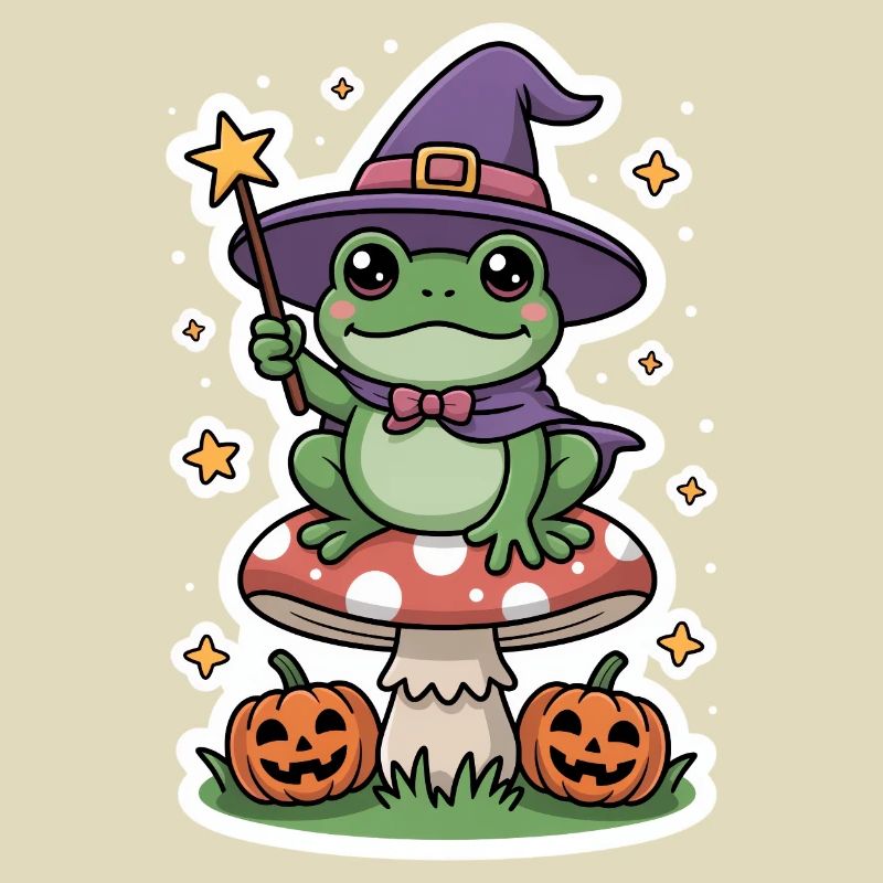 Halloween witch frog on fly agaric with pumpkin