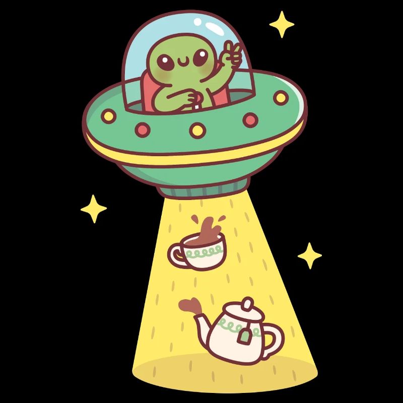 Funny Alien Abducts Tea and Teapot