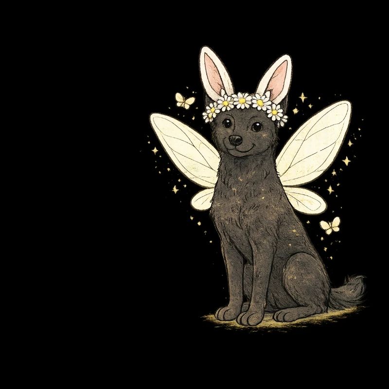 Chien Fée aux Ailes Nuageuses avec couronne de fleurs Aleu Kelpie