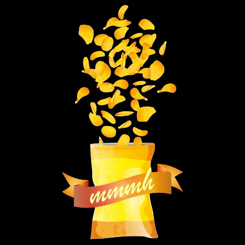 Open Chips Bag with Potato Chips and Banner