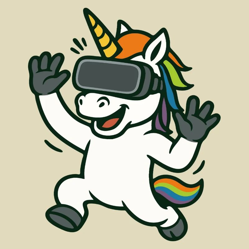 VR-Einhorn-Maskottchen mit Regenbogendetails