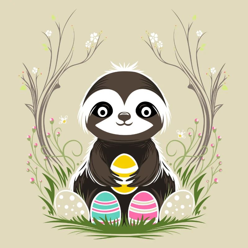 Easter Sloth with Easter Eggs in Spring
