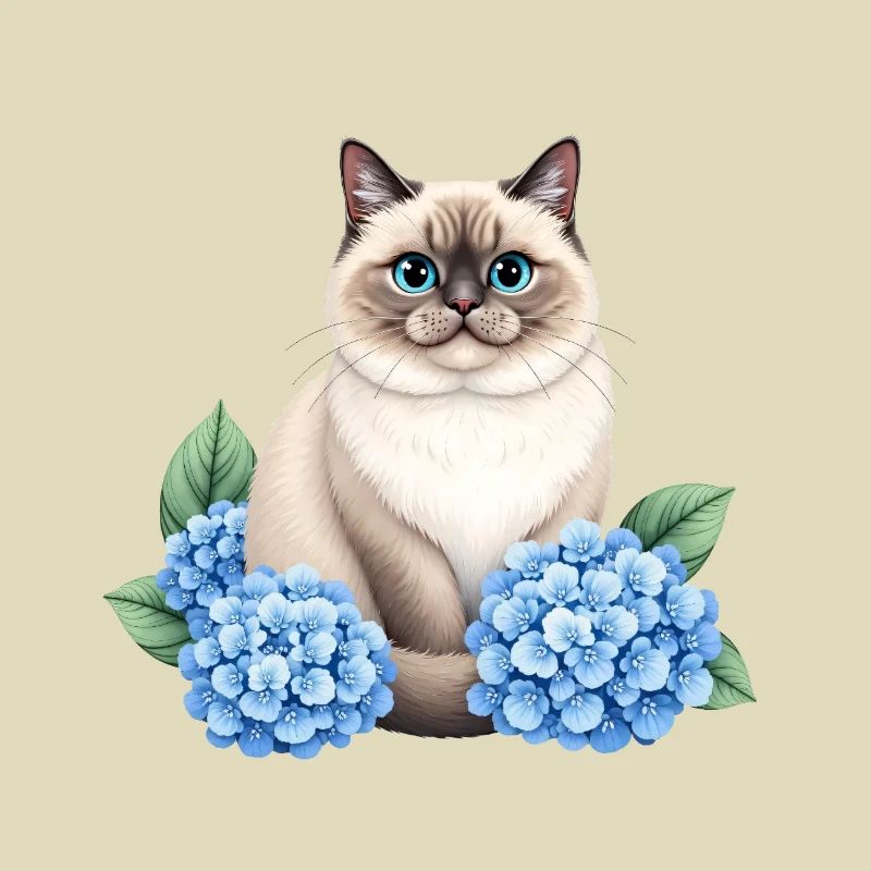 Cute Ragdoll Cat with Blue Hydrangeas