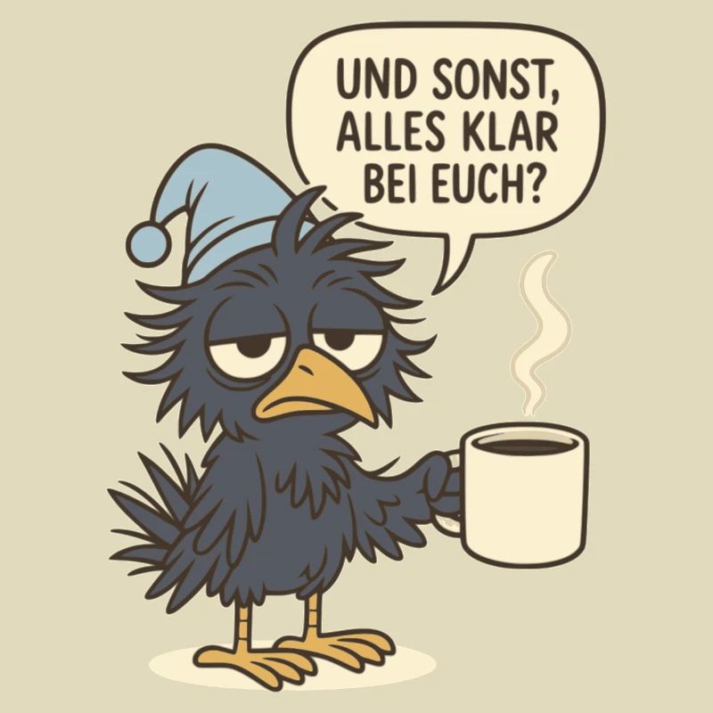 Grumpy corvid with coffee cup