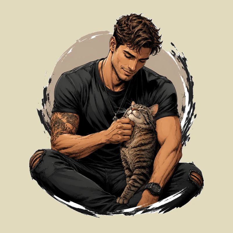 Mann mit Katze: stille Nähe