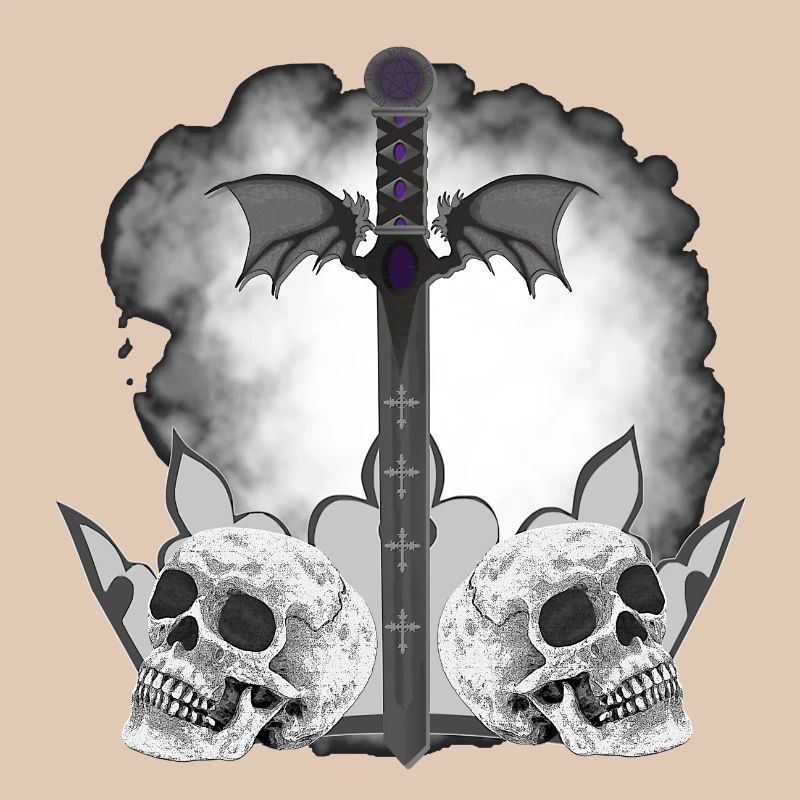 Menschenschädel, Schwerter, Dämonenflügel, vanitas