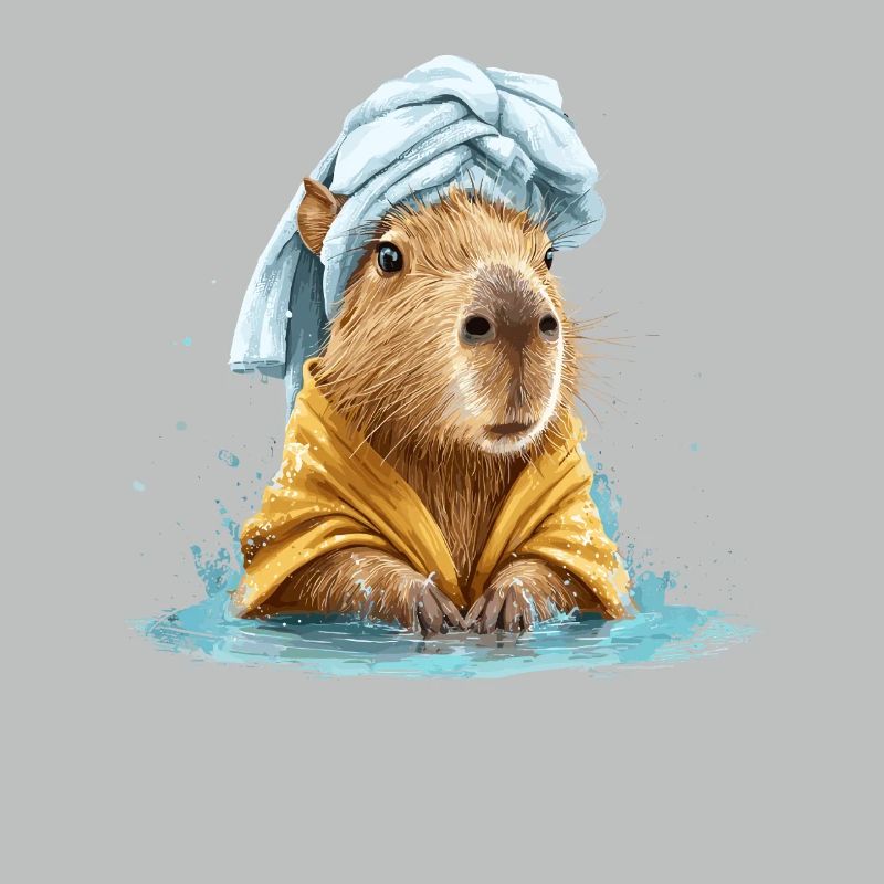 Kapybara in a bath towel and bathrobe