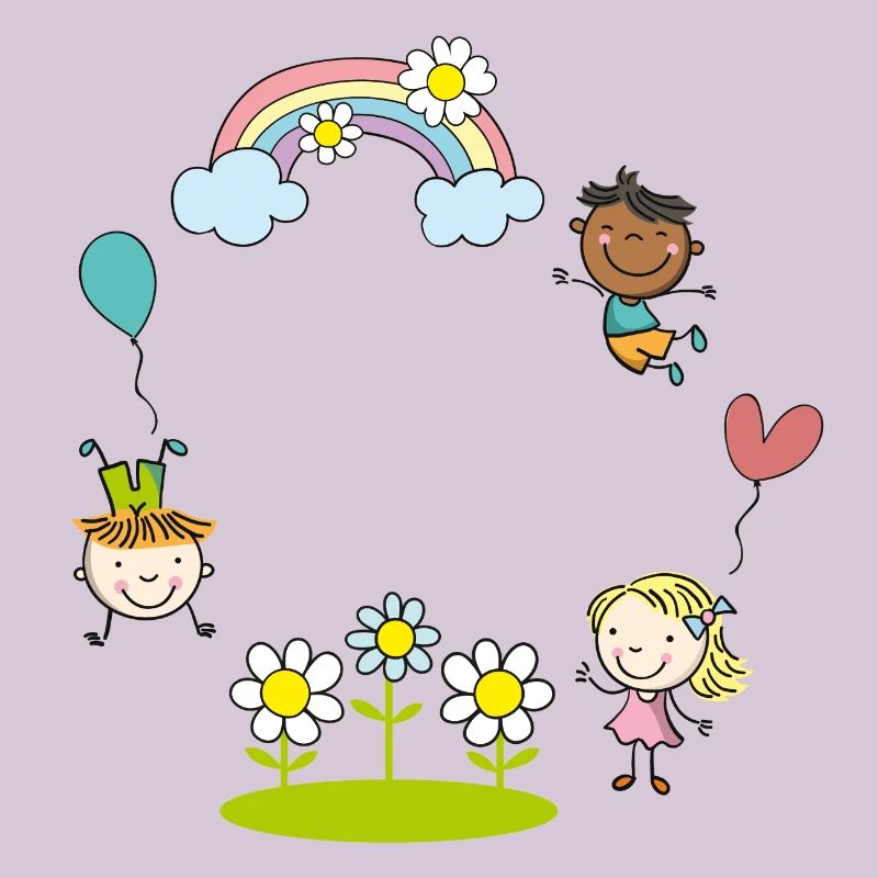Kinder der Erde mit Regenbogen Blumen Luftballon