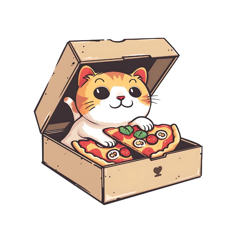 Cat Inside a Pizza Box Holding a Pizza Slice