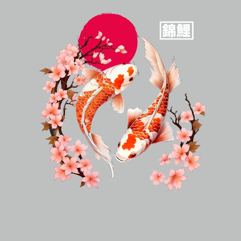 Des fleurs de carpes koi et de cerisier dans la lune rouge