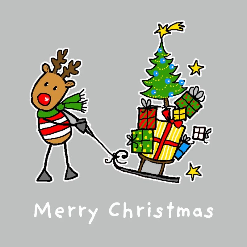 Reindeer pulls tree and gifts on sleigh