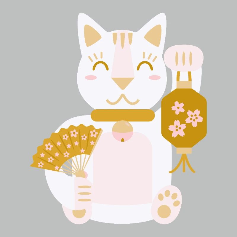Maneki Neko L Glückskatze mit Fächer und Laterne